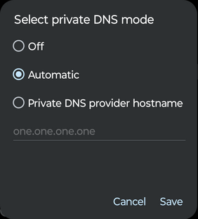 Android settings screen Network & Internet; Select private DNS mode: Automatic