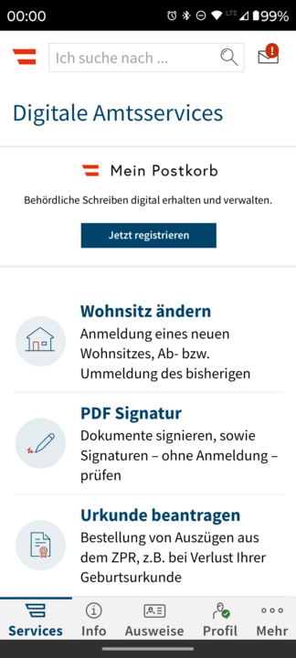Screenshot der 'Digitales Amt' App Startseite, mit der 'Mein Postkorb - Jetzt registrieren' Meldung prominent plaziert.